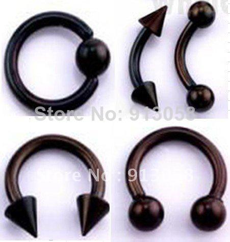 Wholesale-OP-Black Stainless steel Barball Eyebrow Labret Ring Tongue Rings Nose Rings Lip Stud Rings Body Piercing Jewelry Mix 5styles 50PC