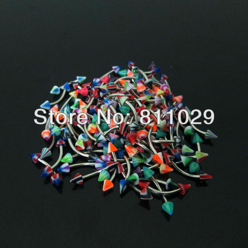 Wholesale-OP-hot wholesale piercing body jewelry 16G 100pcs 1.2*8*4/4mm mixed spike cone curved barbell UV acrylic eyebrow ring free shippin