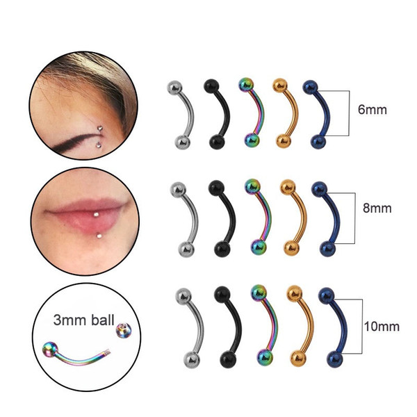 Sellsets 5pcs/lot 6/8/10mm 16G Surgical Steel 3mm Ball Eyebrow Piercing Curved Barbell Lip Ring Snug Daith Helix Rook Earring