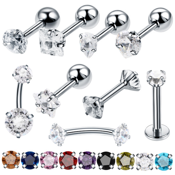 1PC Steel Crystal Zircon Ear Helix Tragus Eyebrow Rings Piercing Ombligo Labret Ring Piercings Lobe Flat Earring Tragus Jewelry