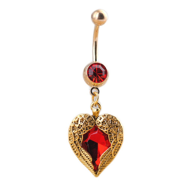 Charming Body Piercing Jewelry Heart Wings Shaped Belly Red Rhinestones Inlaid Navel Bell Button Ring