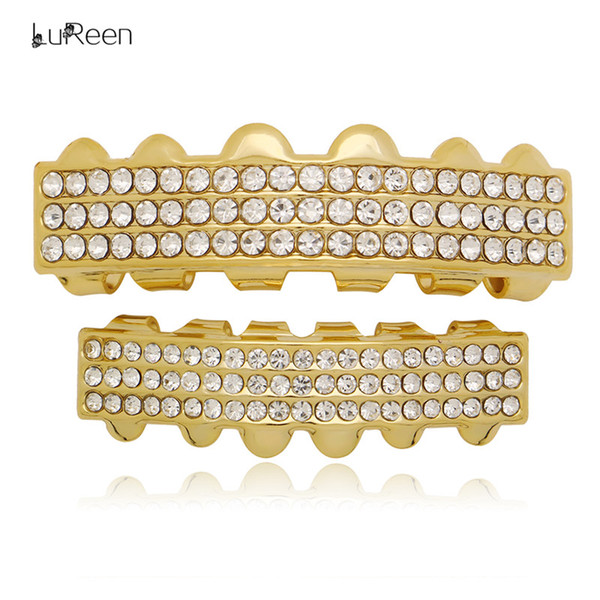 LuReen 14k Gold Silver Teeth Grillz 3 Row Rhinestone CZ Iced Out Top and Bottom Teeth Set Hip hop Grillz Bar DJ Jewelry