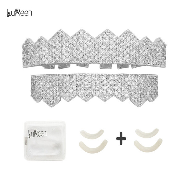 LuReen Gold Silver Pave Full CZ Iced Out Teeth Grillz Set 8 Teeth Top and Bottom Grillz Set + EXTRA Molding Bars