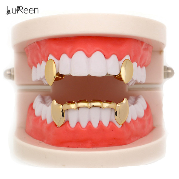 LuReen 14k Gold Rose Gold Silver Black Vampire Dracula Teeth 2pc Single Vampire Fangs Top and 6 bottom Combo Grillz Set