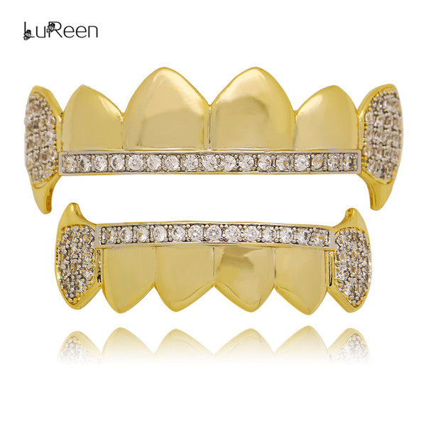 LuReen Gold Silver Twotone Iced Out Vampire Fangs CZ Grillz Set 6 Teeth Top and Bottom Grillz Set