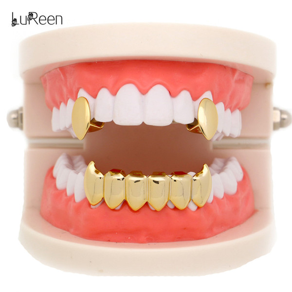 LuReen 4 Color 2pc Single Vampire Fangs Teeth Grillz Top and 6 Shiny Bottom Combo Grillz Hip Hop Teeth Set