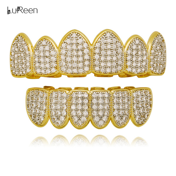 LuReen Gold Silver Two Tone Iced Out Micro Pave CZ Grillz Set 6 Teeth Top and Bottom Hip Hop Teeth Grillz