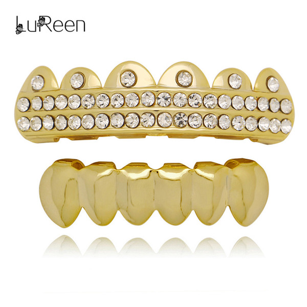 LuReen Gold Silver 2 Row Rhinestone Teeth Grillz For Men Women Fashion Hip Hop Bar Nightclub Body Jewelry