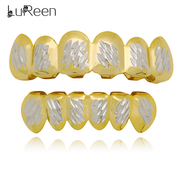 LuReen Gold Silver Two-tone Diagonal Cut Teeth Grillz 6 Top and Bottom Teeth Caps Hip Hop Teeth Jewelry Set