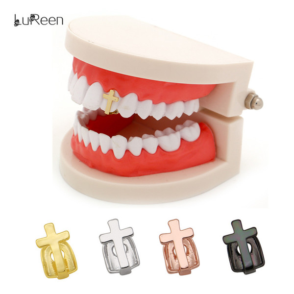 LuReen 4 Color Plated Cross Teeth Grillz Single Canine One Tooth Caps Hip Hop Hollow Top Fangs Grillz Halloween Party Jewelry
