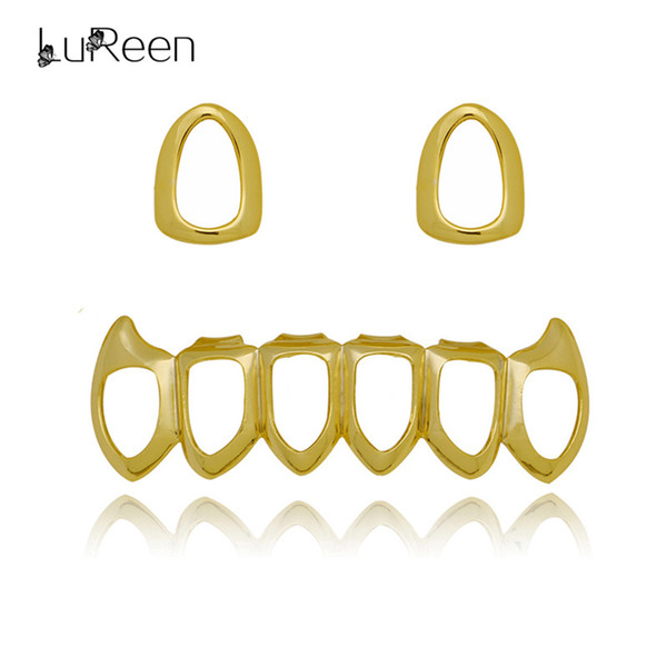 LuReen 4 Color 2PC Single Open Outline Top and 6 Teeth Bottom Grillz Set Hip Hop Teeth Jewelry