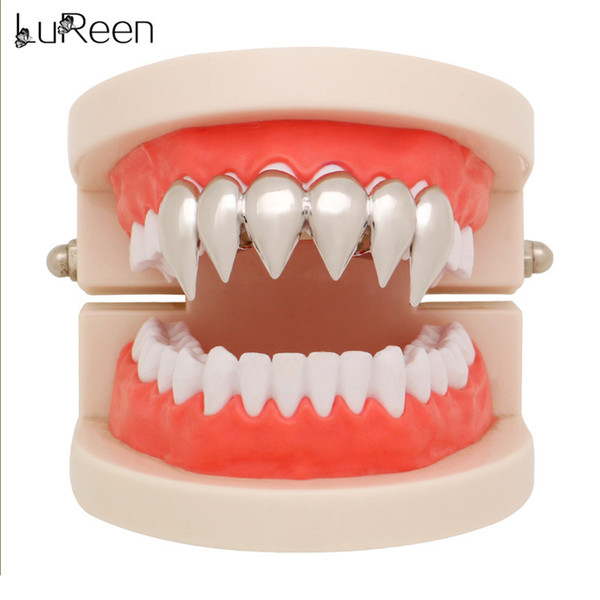 LuReen Gold Silver Vampire Fangs Grills Teeth Hip hop Top Teeth Caps Grills for Halloween Party