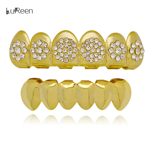 LuReen 14k Gold Silver Plated Round Luxury Bling Rhinestone 6 Top and Bottom Teeth Grills Set Caps Body Jewelry Gifts