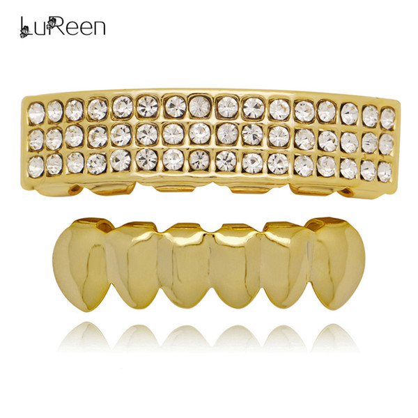 LuReen 14k Gold Silver Plated 3 Rows Iced Out Bar Teeth Grillz 6 Top and Bottom Grillz Set