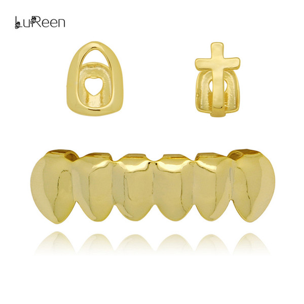 LuReen 2PC Single Top Cross Open Outline Teeth Grillz and 6 Teeth Bottom Combo Grillz Set Fashion Party Teeth Jewelry