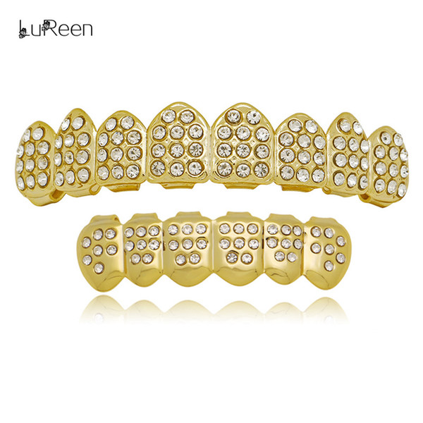 LuReen 14K Gold Plated Silver Hip Hop Bling Bling Teeth Grillz Caps 8 Top and Bottom Rhinestones Teeth Set