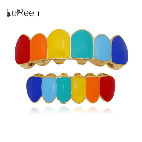 LuReen 14k Gold Silver Plated Rainbow Color Grillz Set 6 Teeth Top and Bottom Grillz Set + 2 EXTRA Molding Bars