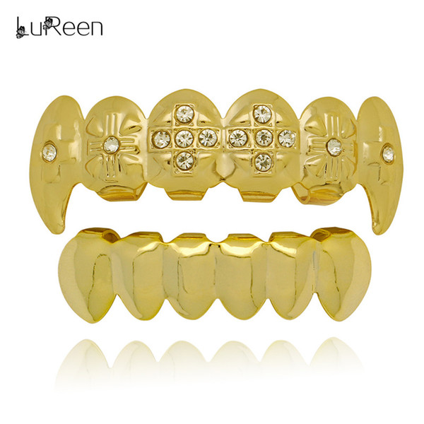 LuReen Gold Silver Plated Teeth Grillz Iced Out Cross Vampire 6 Teeth Top and Bottom Grillz Hip hop Rock Halloween Body Jewelry