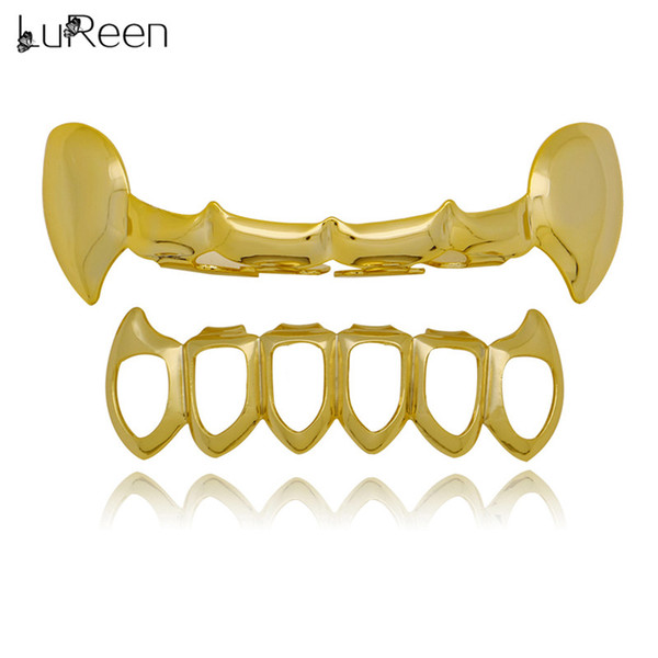 LuReen 4 Color Vampire Fangs Open Face Outline Grillz Teeth 6 Top and Bottom Set Caps Punk Halloween Hip Hop Grillz