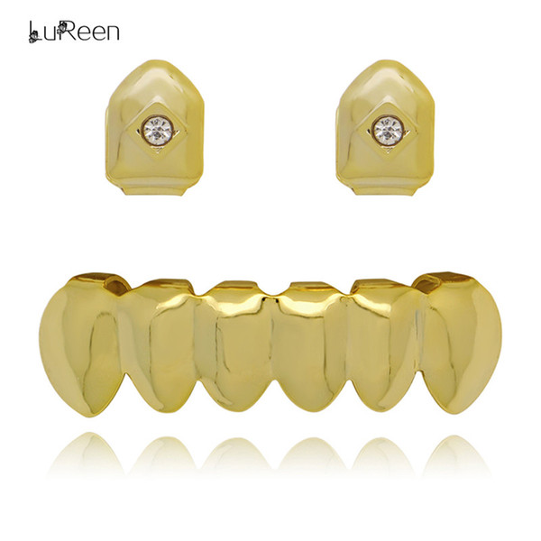 LuReen 4 Colors Hip Hop Teeth Grillz 2PC Rhinestone Top Teeth 6 Bottom Teeth Caps With Silicone Molds Body Jewelry