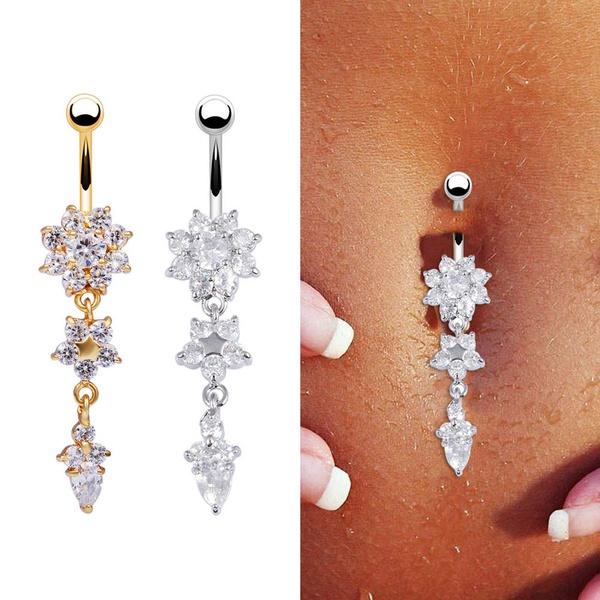 Flower Crystal Rhinestone Navel Belly Button Ring Bar Dangle Body Piercing Jewelry