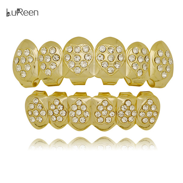 LuReen Gold/Silver Plated Grills Shiny Heart Shape Rhinestone 6 Top and Bottom Set Grills Hip Hop Teeth Jewelry