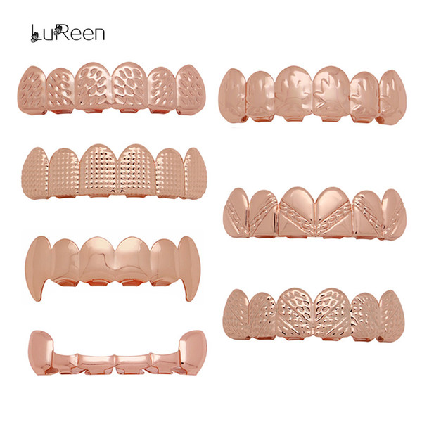 LuReen Hip Hop Rose Gold Top Teeth Grillz Vampire Fangs Maple Leaf Caps Texture 6 Top Grillz Combo