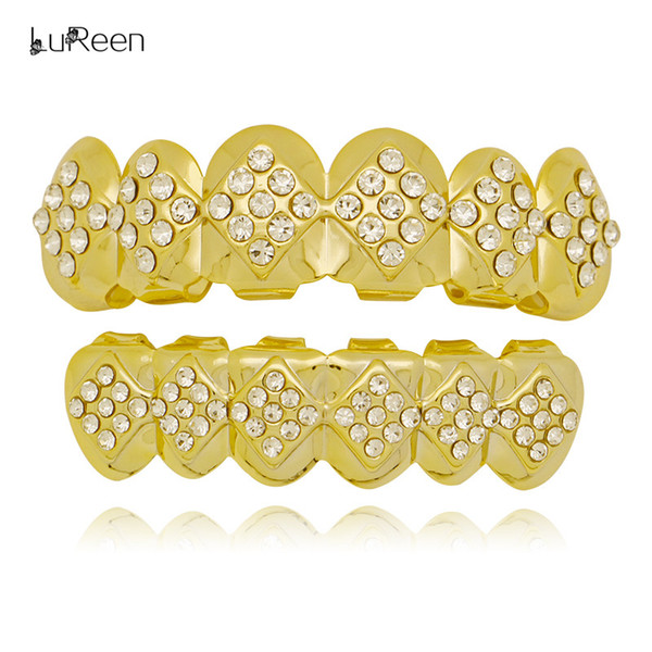 LuReen Gold/Silver Plated Grillz Shiny Geometric Rhinestone 6 Top and Bottom Grillz Set Hip hop Vampire Teeth Jewelry