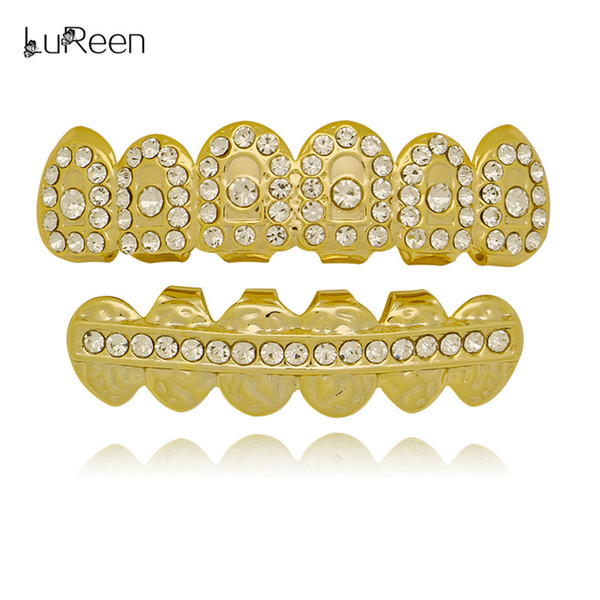 LuReen Shiny Archway Rhinestone Gold/Silver Plated Grills 6 Top and Bottom Set Hip Hop Teeth Jewelry