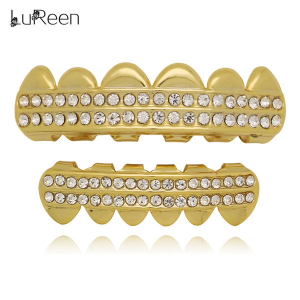 LuReen Punk Hip-hop Rhinestone Real Gold Plated Teeth Grillz 6 Top & Bottom Teeth Caps Set For Girls Men Body jewelry