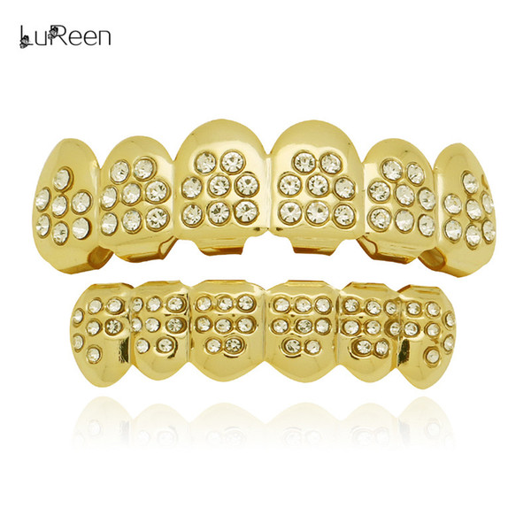 LuReen Gold Silver Plated Iced Out CZ Teeth Grillz Set Hip Hop Teeth Party Punk Body Jewelry