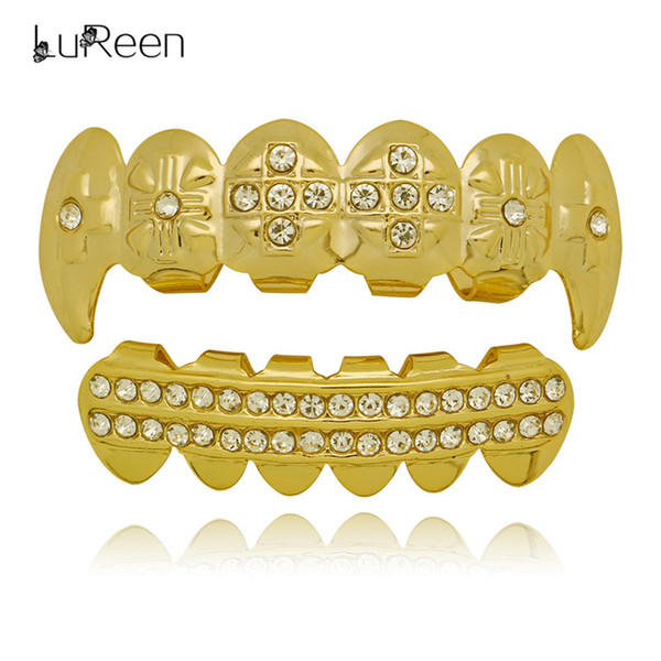 LuReen Gold Silver Bling Bling Cross Top 2 Rows Bottom Teeth Grillz Punk Halloween Vampire Teeth Caps