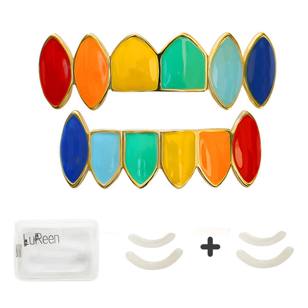 LuReen 14k Gold Silver Plated Rainbow Color Vampire Fangs Grillz Set 6 Teeth Top and Bottom Hip Hop Grillz