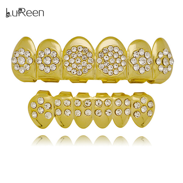 LuReen Bling Bling Closely Inset Rhinestone Gold/Silver Plated Grills 6 Top and Bottom Set Hip Hop Teeth Jewelry