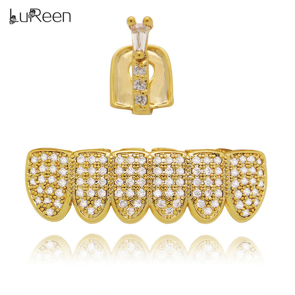 LuReen Gold Silver Single T Crystal Bar Top and 6 Teeth Bling Bling Bottom Grills set Pave Full CZ Hip Hop Teeth