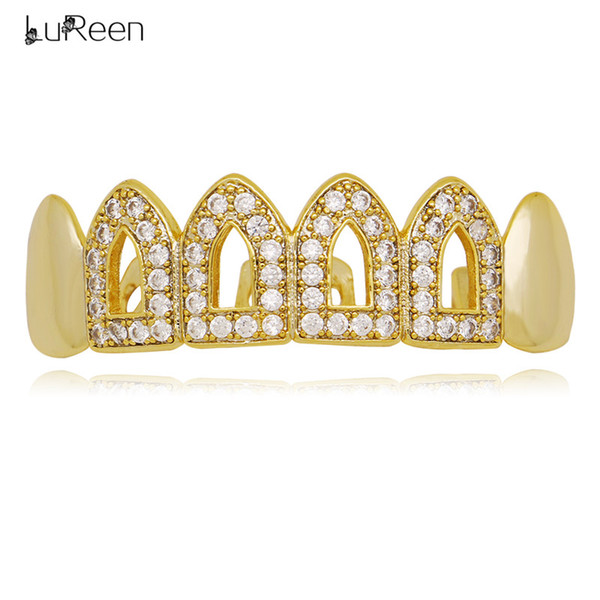 LuReen Silver Gold Iced Out CZ Top or Bottom Dual-use Grillz 4 Open Outline Top Lower Teeth Grillz Hip Hop Punk Teeth Jewelry