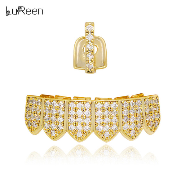 LuReen Gold Silver Single Vertical Bar Top and 6 Teeth Bottom Grills set Pave Full CZ Hip Hop Teeth