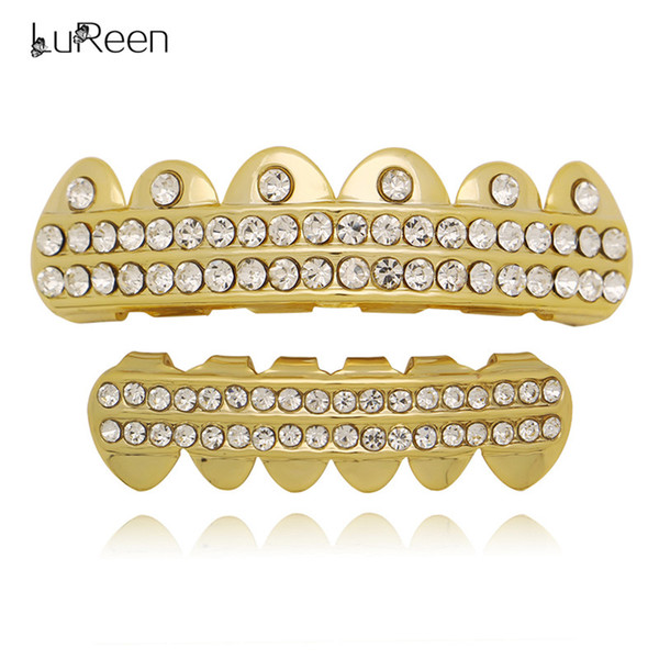 LuReen Rhinestone Real Gold/Silver Plated Teeth Grillz Punk Hip-hop Grillz Top & Bottom Teeth Caps Set For Girls Men Body jewelry