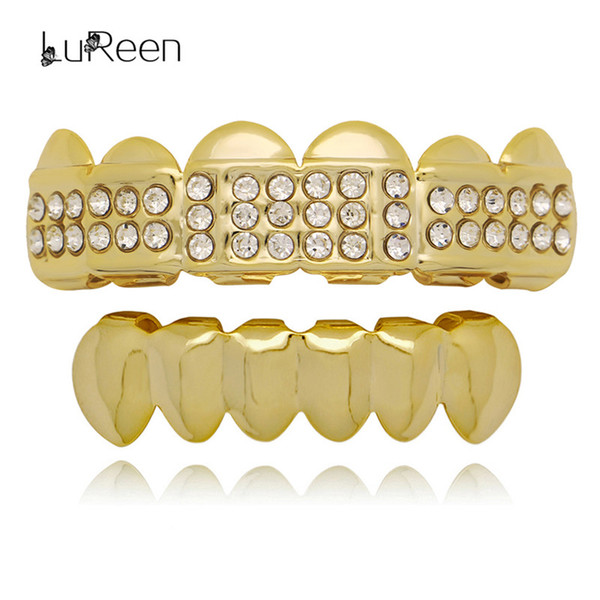 LuReen Silver 14K Gold CZ Rhinestone 6 Top and bottom Teeth Grillz Set Vampire Fangs Teeth Punk Jewelry