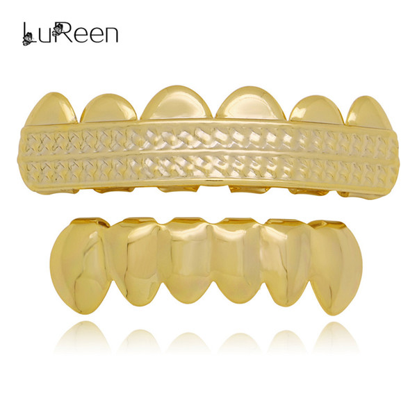 LuReen 14k Gold Silver Plated 2 Rows 6 Top and Bottom Set Grills Teeth Vampire Fangs Teeth Hip hop teeth