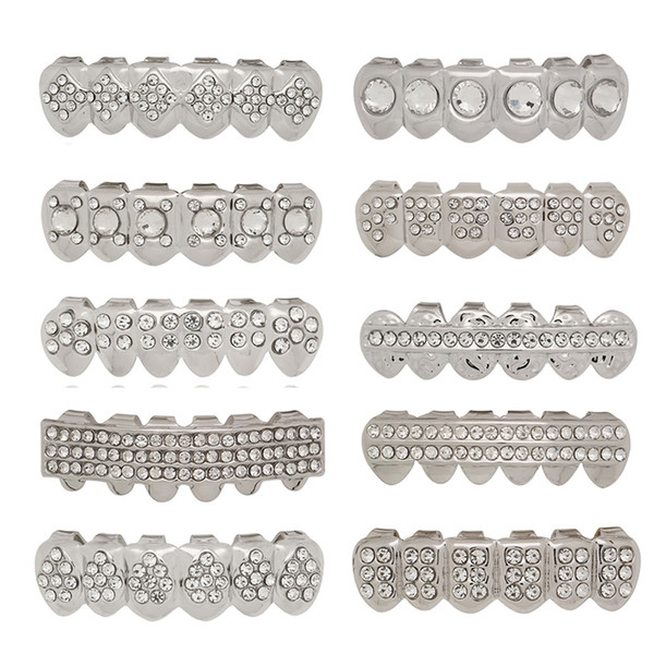 Lureen Silver Plated Rhinestone Iced Out 6 Teeth Bottom Grills High Quality Hip Hop Teeth Combo