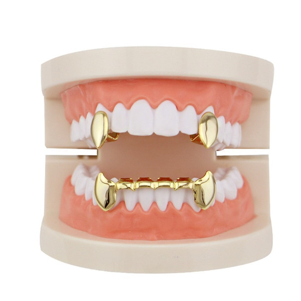 Glossy Copper Dental Grillz Punk Vampire Canine Teeth Jewelry Set Hip Hop Women & Men Gold Plated Grills Accessories Wholesale Free Shipping