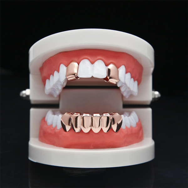 Hip Hop Rose Plated Custom Mouth Grillz Set 2pcs Single Top & 6 teeth Bottom set gold grills