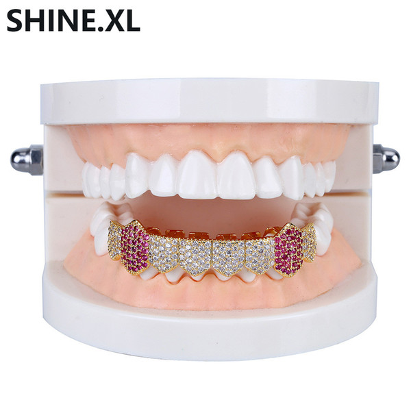 18K Gold Plated Vampire Teeth Grillz Iced Out Micro Pave Cubic Zircon 8 Tooth Hip Hop Grill Bottom Body Jewelry