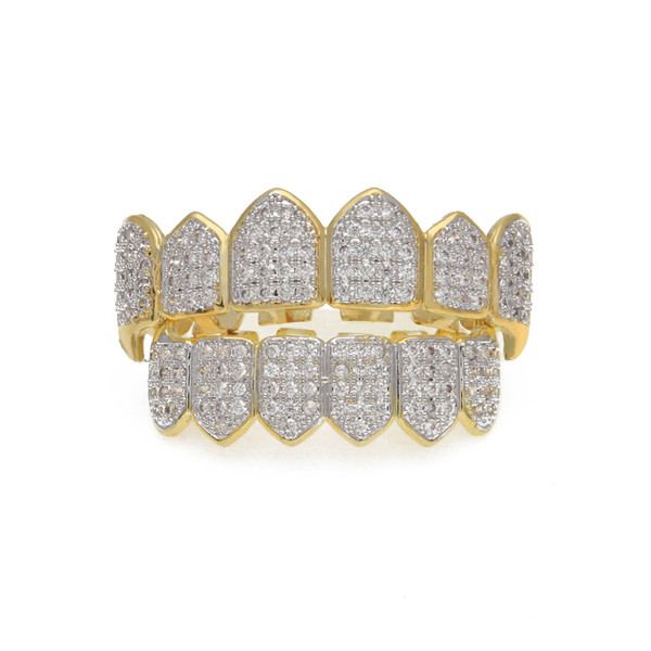 Hip Hop Micro Pave Cubic Zircon Teeth Grillz Caps Top &Bottom Men Women Gold Silver Color Vampire Fangs Grills Set