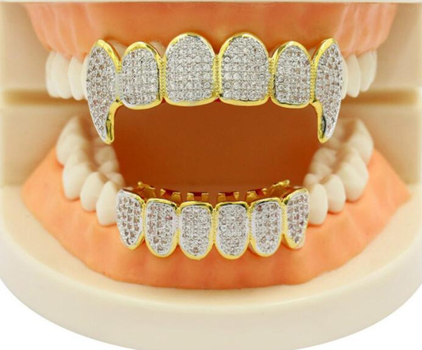 classic party toy Shining Hip Hop GRILLZ Iced Out CZ Fang Mouth Teeth Grillz Caps Top & Bottom Grill Set Men Women Vampire Grills