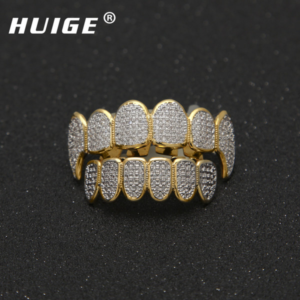 Gold Color Hip Hop Micro Pave Cubic Zircon Teeth Grillz Caps Top &Bottom Men Women Vampire Fangs Grills Set