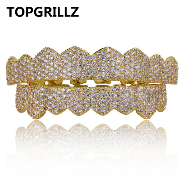 TOPGRILLZ Micro Pave Cubic Zircon Custom Fit Gold Silver Color Iced Out Hip Hop Teeth Grillz Top & Bottom Teeth Grills Set