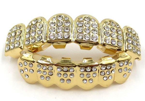 Diamonds Teeth Top Silver Hiphop Gold Teeth Grillz Rhinestone Top&Bottom Grills two colors