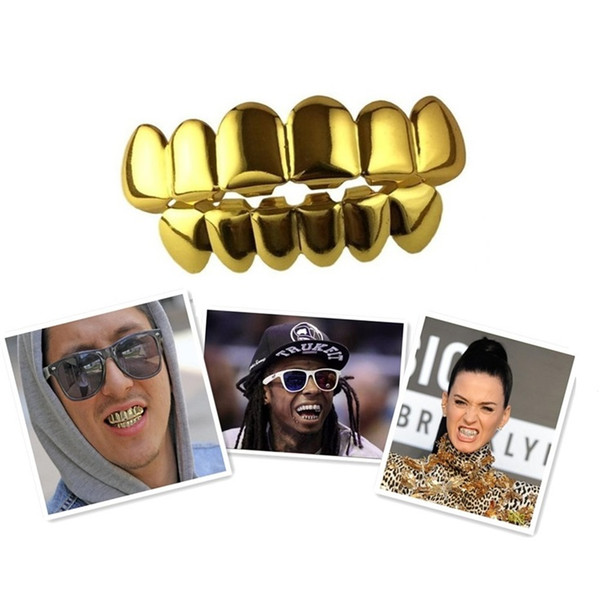 15 Designs Gold Plated Hip Hop Teeth Grillz Top Bottom Grills Dental Mouth Punk Teeth Caps Cosplay Party Vampire Tooth Rapper Jewelry Gift